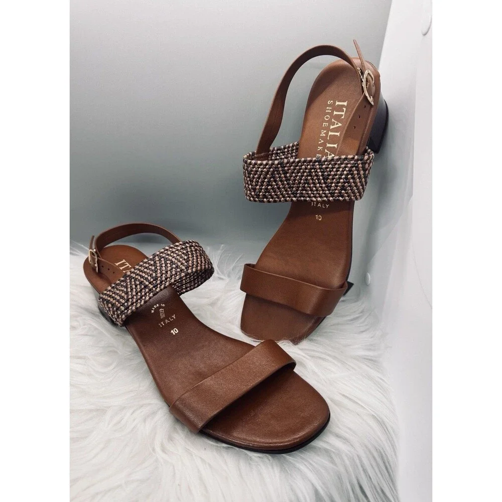 Italian Shoemakers Sandal Womens Size 10 Brown Woven Slingback Italy Block Heel